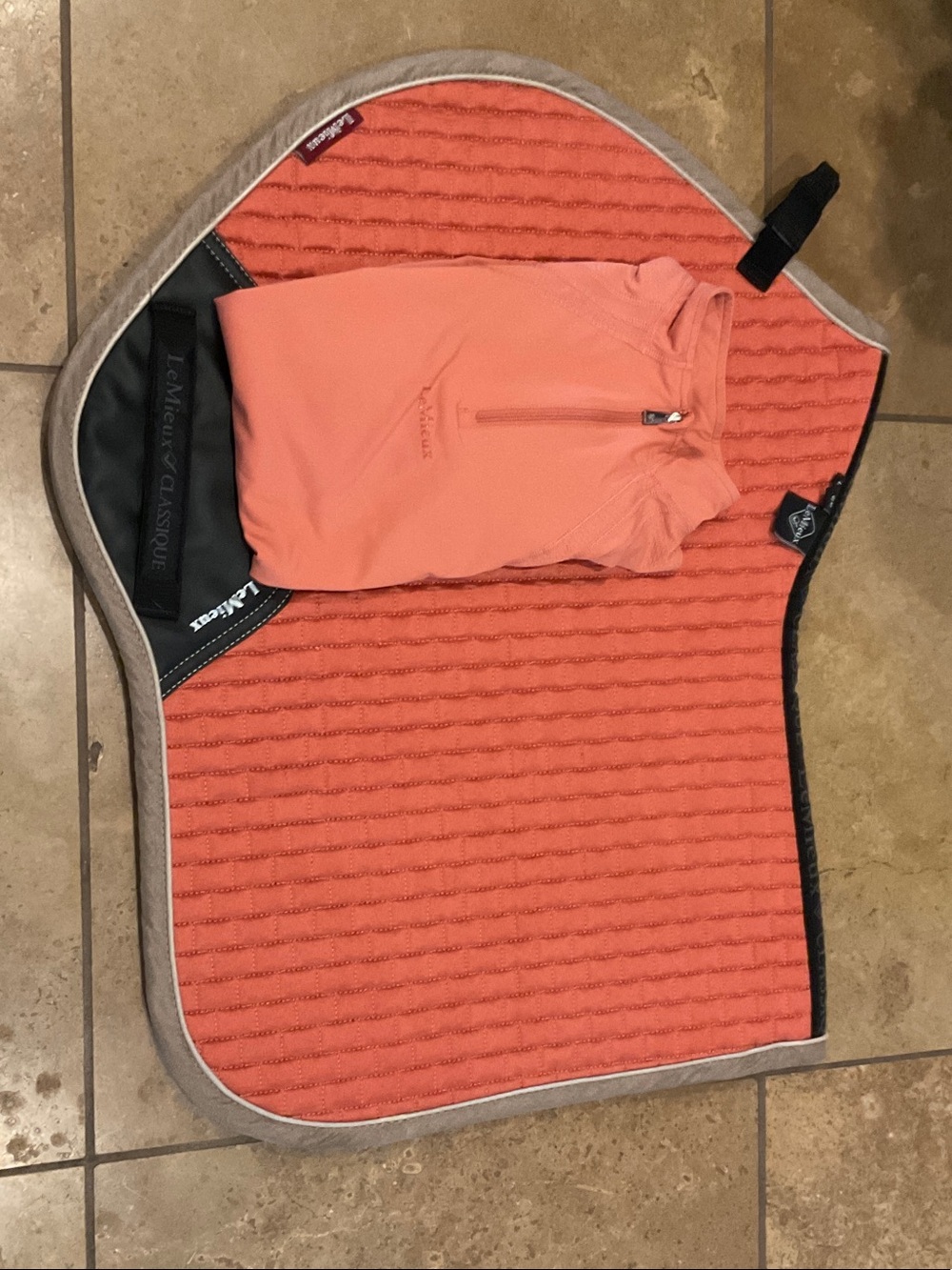 LeMieux Apricot Set CC suede saddle pad and apricot Half Zip Base Layer Top